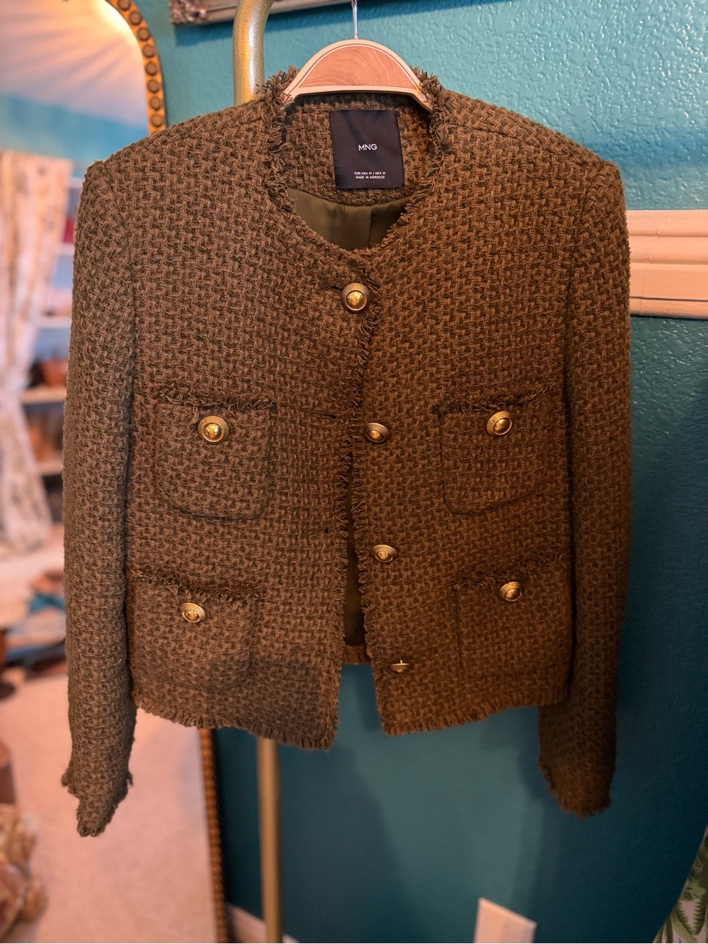 Mango Olive Bouclé Blazer with Gold Buttons